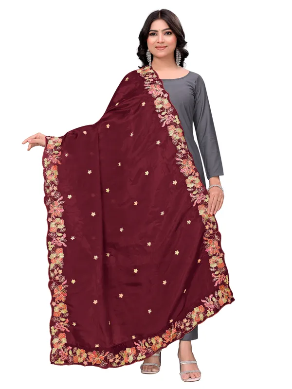 Art_Silk_Crush_Floral_Embroidered_Dupatta_With_Sequin_Work_Maroon