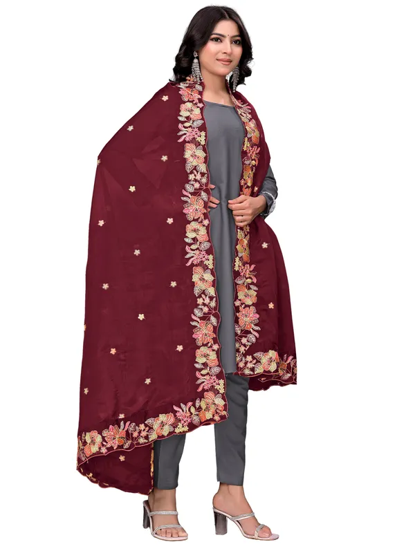 Art_Silk_Crush_Floral_Embroidered_Dupatta_With_Sequin_Work_Maroon