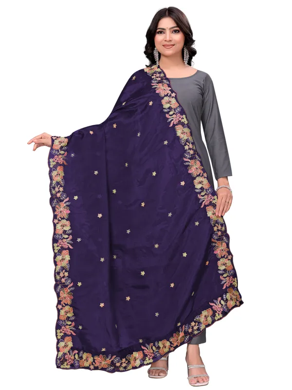 Art_Silk_Crush_Floral_Embroidered_Dupatta_With_Sequin_Work_Navy_Blue