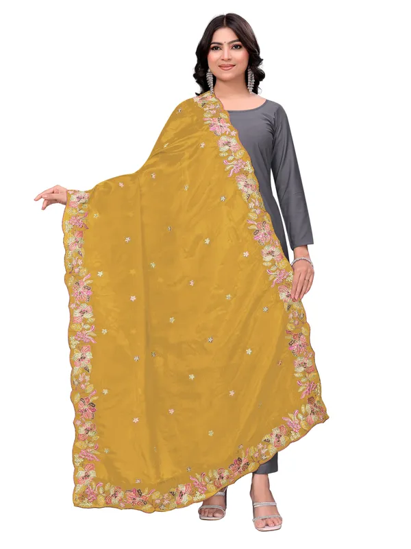 Art_Silk_Crush_Floral_Embroidered_Dupatta_With_Sequin_Work_Mustard_Yellow