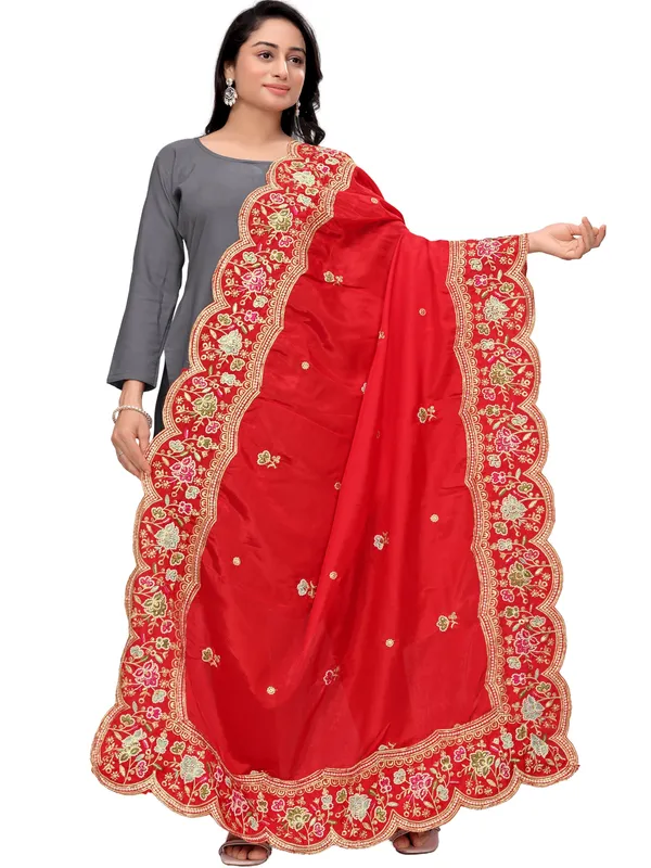 Embroidered_Art_Silk_Dupatta_With_Scalloped_Cutwork_Border_Red