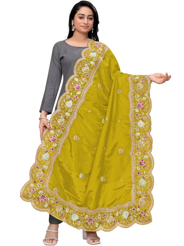 Embroidered_Art_Silk_Dupatta_With_Scalloped_Cutwork_Border_Mustard_Yellow