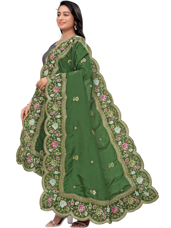 Embroidered_Art_Silk_Dupatta_With_Scalloped_Cutwork_Border_Mahendi_Green