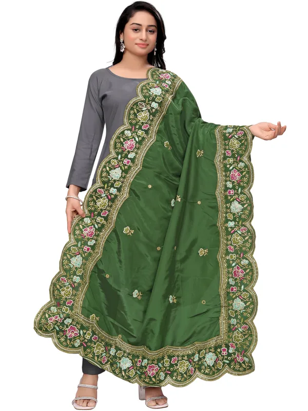 Embroidered_Art_Silk_Dupatta_With_Scalloped_Cutwork_Border_Mahendi_Green