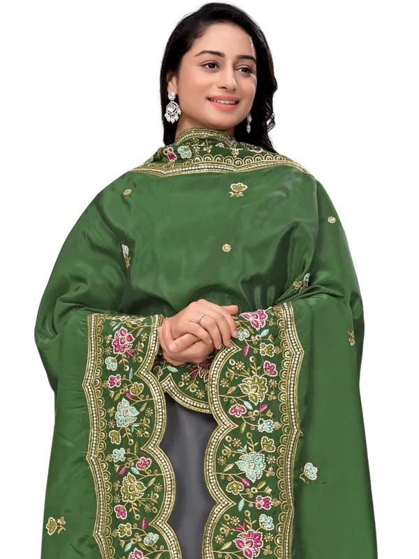 Embroidered_Art_Silk_Dupatta_With_Scalloped_Cutwork_Border_Mahendi_Green