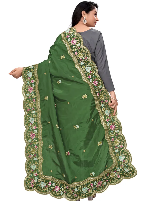 Embroidered_Art_Silk_Dupatta_With_Scalloped_Cutwork_Border_Mahendi_Green