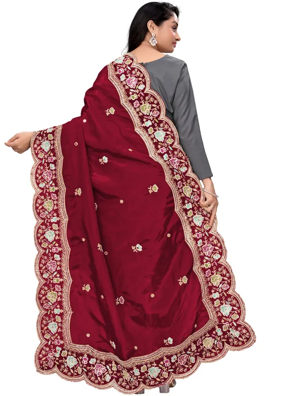 Embroidered_Art_Silk_Dupatta_With_Scalloped_Cutwork_Border_Maroon