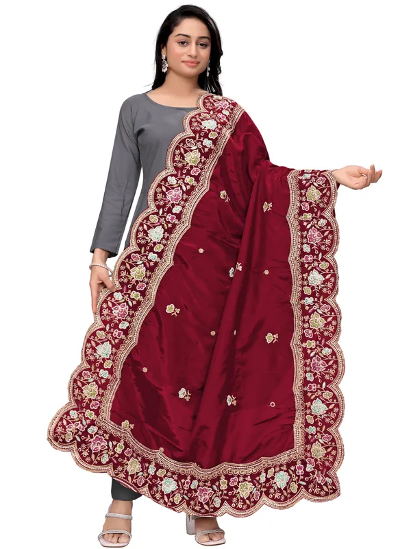 Embroidered_Art_Silk_Dupatta_With_Scalloped_Cutwork_Border_Maroon