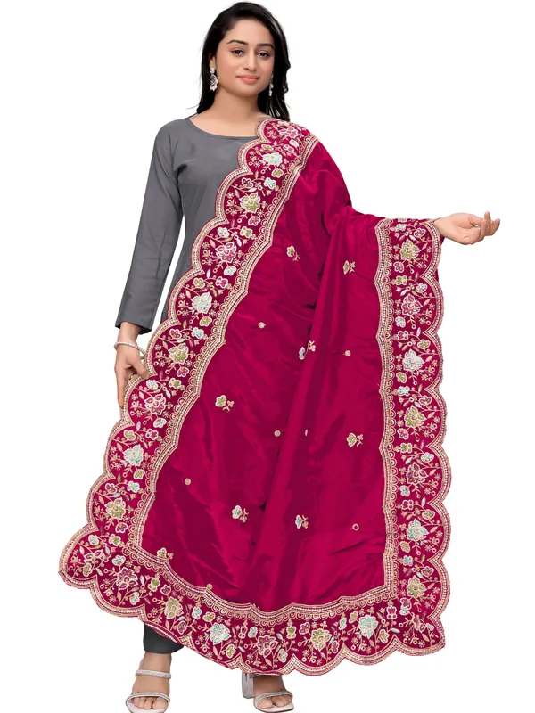 Embroidered_Art_Silk_Dupatta_With_Scalloped_Cutwork_Border_Pink