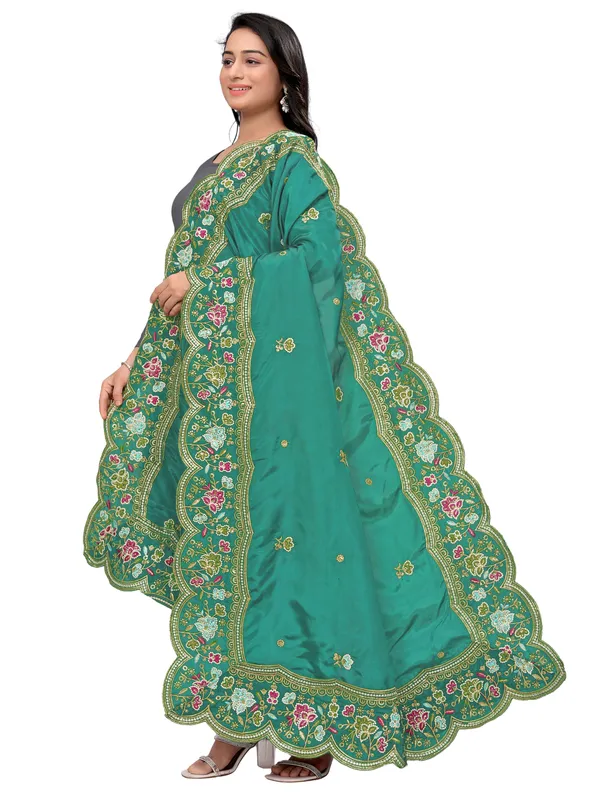 Embroidered_Art_Silk_Dupatta_With_Scalloped_Cutwork_Border_Rama_Green