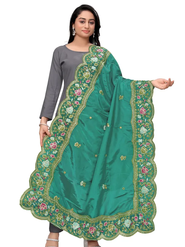 Embroidered_Art_Silk_Dupatta_With_Scalloped_Cutwork_Border_Rama_Green