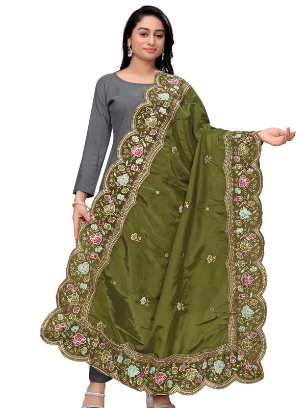 Embroidered_Art_Silk_Dupatta_With_Scalloped_Cutwork_Border_Rama_Green