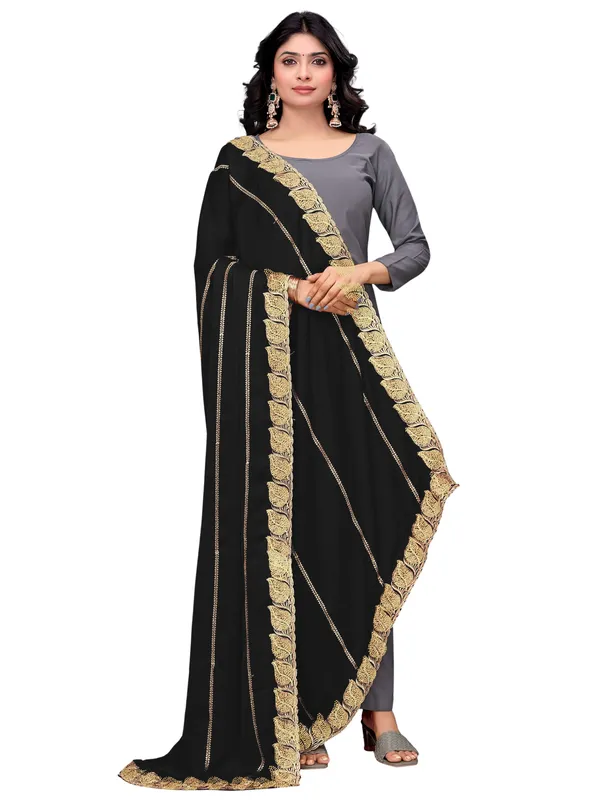 Glossy_Chiffon_Dupatta_With_Leaf_Cutwork_Border_Stone_Work_Black
