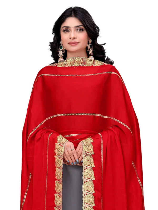 Glossy_Chiffon_Dupatta_With_Leaf_Cutwork_Border_Stone_Work_Red