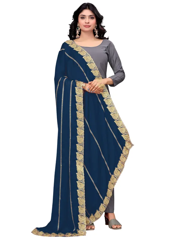 Glossy_Chiffon_Dupatta_With_Leaf_Cutwork_Border_Stone_Work_Kerosin_Blue