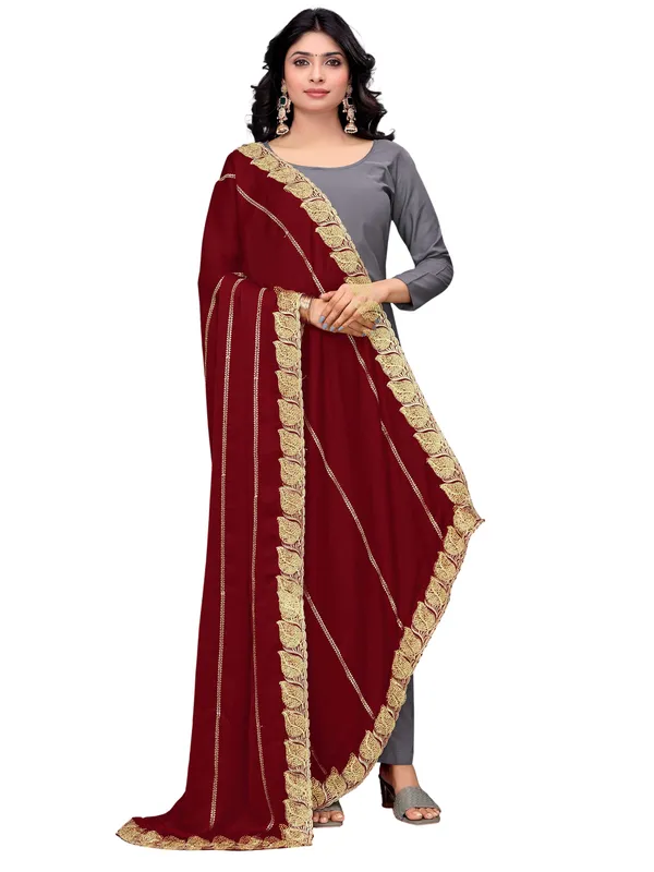 Glossy_Chiffon_Dupatta_With_Leaf_Cutwork_Border_Stone_Work_Maroon