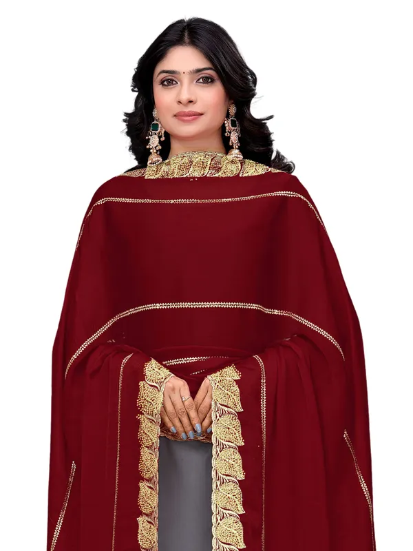 Glossy_Chiffon_Dupatta_With_Leaf_Cutwork_Border_Stone_Work_Maroon