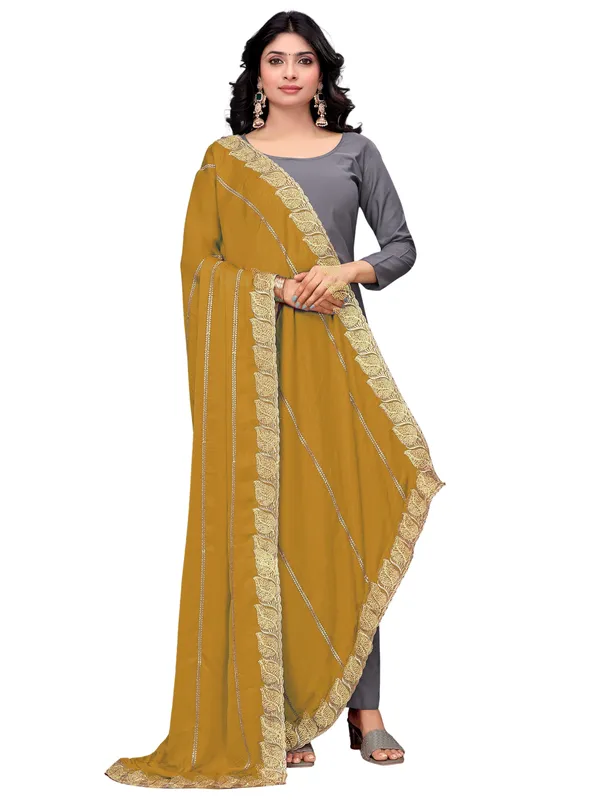 Glossy_Chiffon_Dupatta_With_Leaf_Cutwork_Border_Stone_Work_Mustard_Yellow
