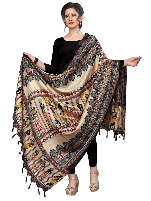 Kalamkari_Style_Printed_Cotton_Silk_Dupatta_With_Tassels_Black