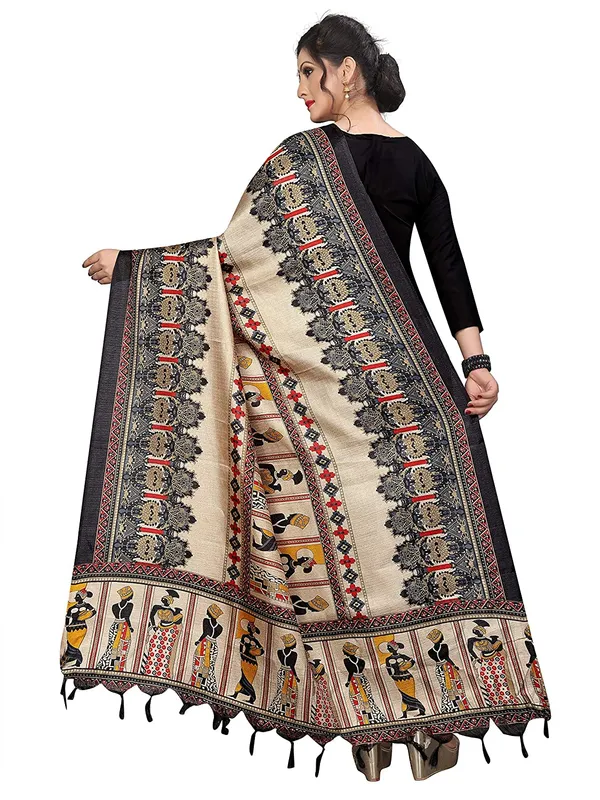 Kalamkari_Style_Printed_Cotton_Silk_Dupatta_With_Tassels_Black