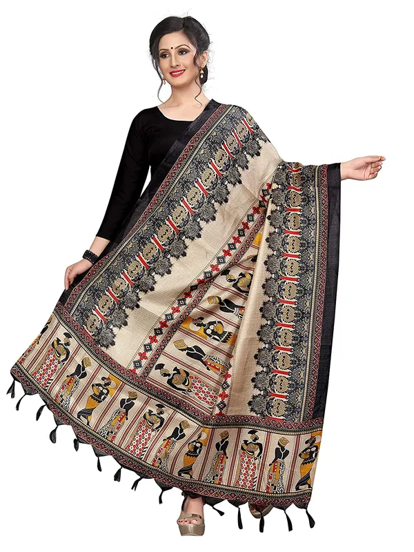 Kalamkari_Style_Printed_Cotton_Silk_Dupatta_With_Tassels_Black