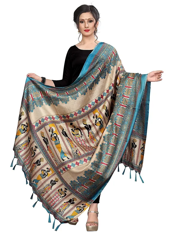 Kalamkari_Style_Printed_Cotton_Silk_Dupatta_With_Tassels_Sky_Blue