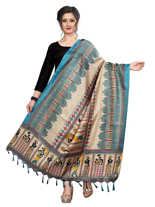 Kalamkari_Style_Printed_Cotton_Silk_Dupatta_With_Tassels_Sky_Blue