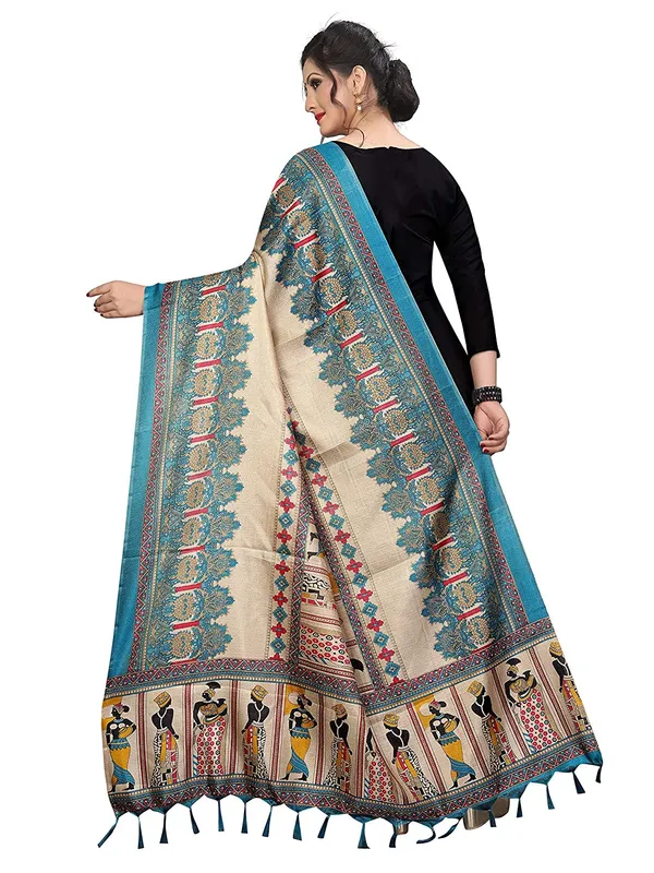 Kalamkari_Style_Printed_Cotton_Silk_Dupatta_With_Tassels_Sky_Blue