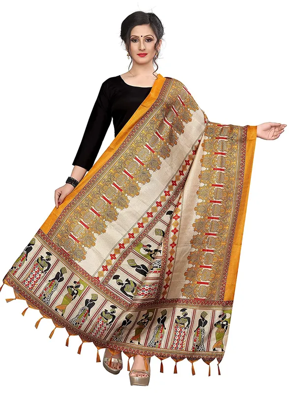 Kalamkari_Style_Printed_Cotton_Silk_Dupatta_With_Tassels_Yellow