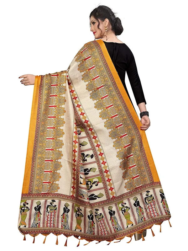 Kalamkari_Style_Printed_Cotton_Silk_Dupatta_With_Tassels_Yellow