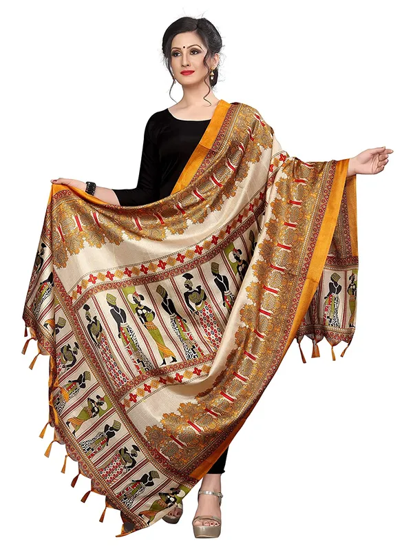 Kalamkari_Style_Printed_Cotton_Silk_Dupatta_With_Tassels_Yellow