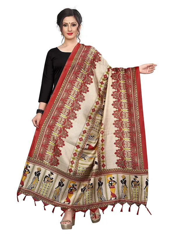 Kalamkari_Style_Printed_Cotton_Silk_Dupatta_With_Tassels_Red