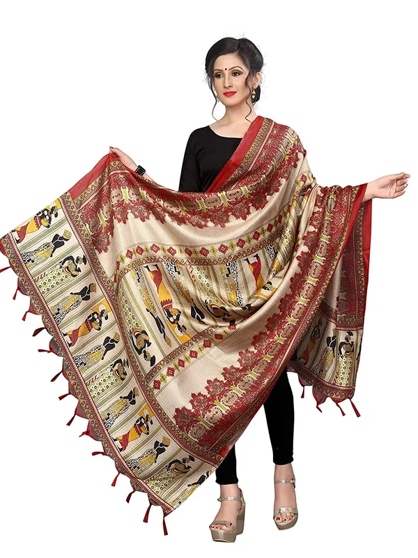 Kalamkari_Style_Printed_Cotton_Silk_Dupatta_With_Tassels_Red