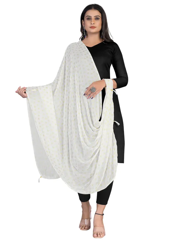 Chiffon_Dupatta_With_Golden_Foil_Print_Tassel_Latkans_White