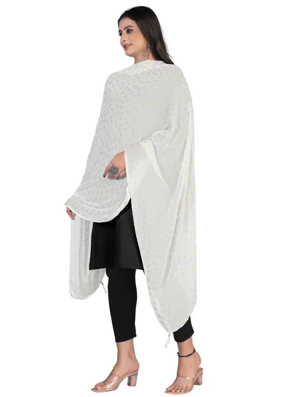 Chiffon_Dupatta_With_Golden_Foil_Print_Tassel_Latkans_White