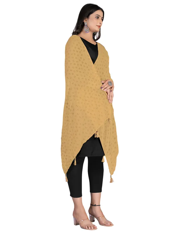 Chiffon_Dupatta_With_Golden_Foil_Print_Tassel_Latkans_Beige