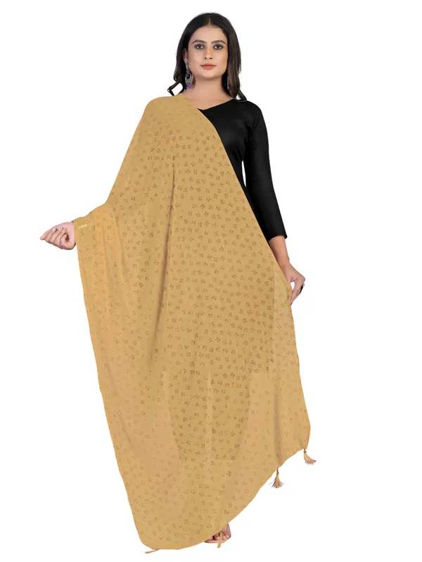 Chiffon_Dupatta_With_Golden_Foil_Print_Tassel_Latkans_Beige