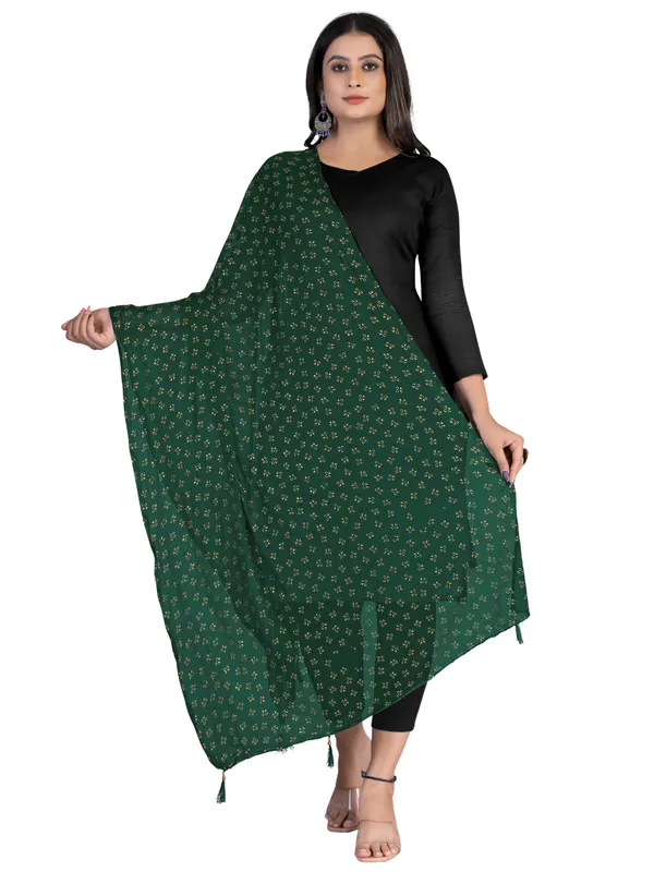 Chiffon_Dupatta_With_Golden_Foil_Print_Tassel_Latkans_Green