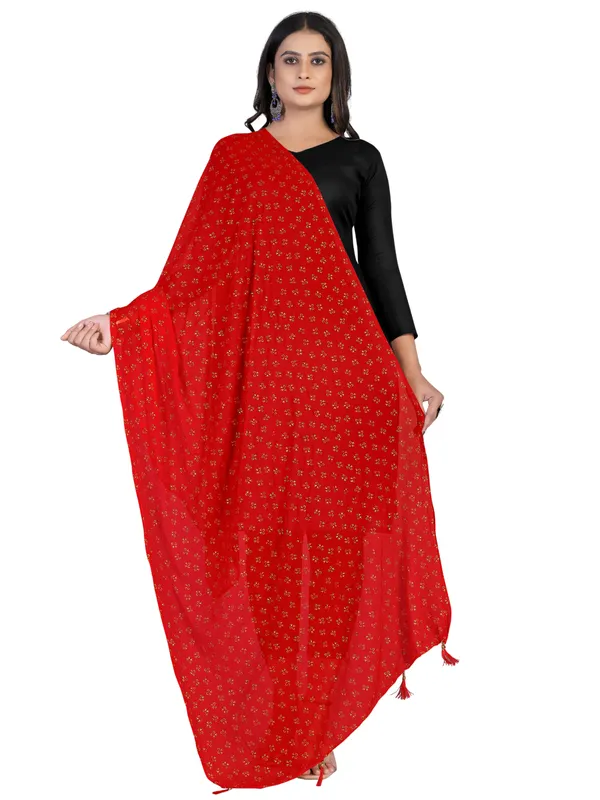 Chiffon_Dupatta_With_Golden_Foil_Print_Tassel_Latkans_Red