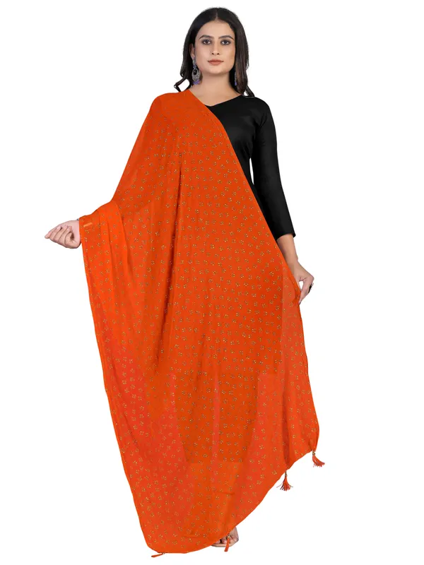 Chiffon_Dupatta_With_Golden_Foil_Print_Tassel_Latkans_Orange