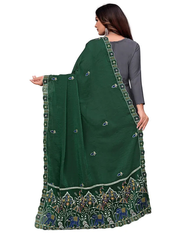 Embroidered_Viscose_Dupatta_With_Elephant_Peacock_Pallu_Green