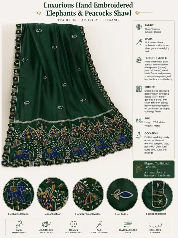 Embroidered_Viscose_Dupatta_With_Elephant_Peacock_Pallu_Green