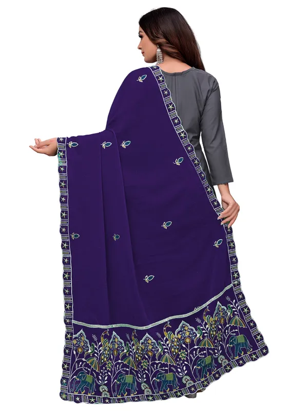 Embroidered_Viscose_Dupatta_With_Elephant_Peacock_Pallu_Navy_Blue