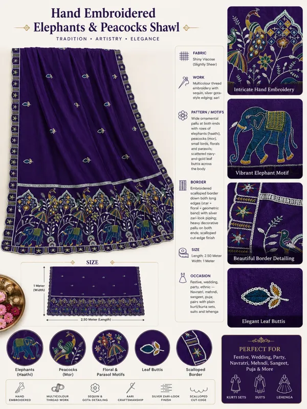 Embroidered_Viscose_Dupatta_With_Elephant_Peacock_Pallu_Navy_Blue