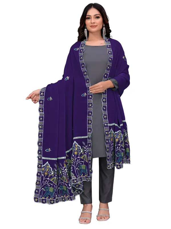 Embroidered_Viscose_Dupatta_With_Elephant_Peacock_Pallu_Navy_Blue