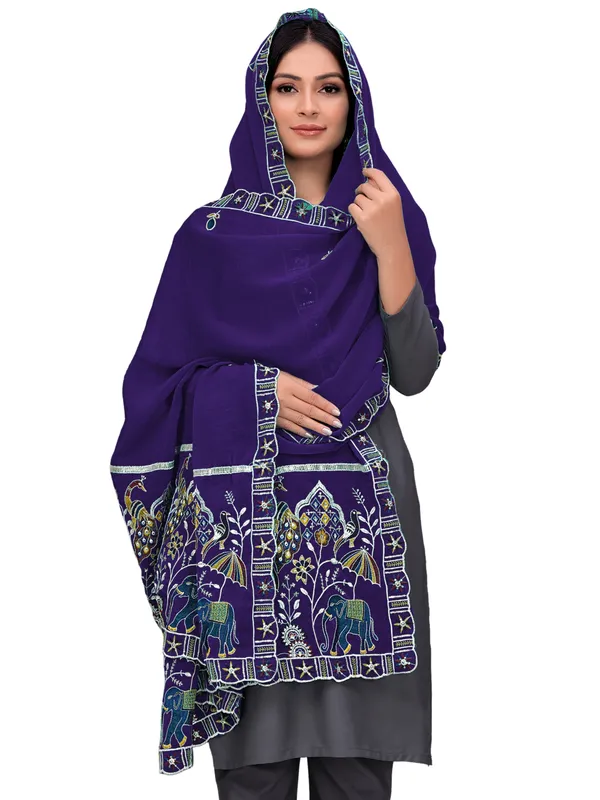Embroidered_Viscose_Dupatta_With_Elephant_Peacock_Pallu_Navy_Blue