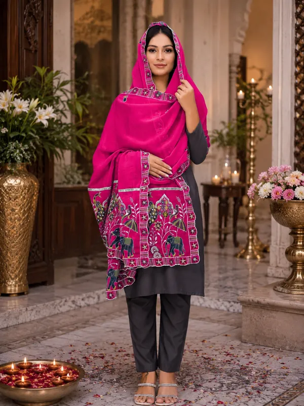 Embroidered_Viscose_Dupatta_With_Elephant_Peacock_Pallu_Pink