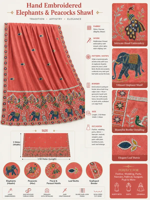 Embroidered_Viscose_Dupatta_With_Elephant_Peacock_Pallu_Peach