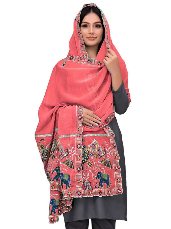 Embroidered_Viscose_Dupatta_With_Elephant_Peacock_Pallu_Peach