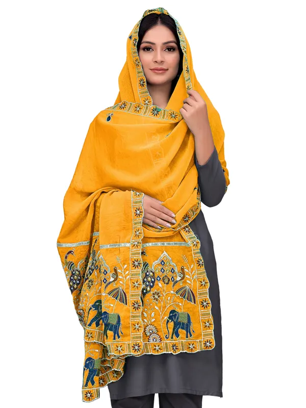Embroidered_Viscose_Dupatta_With_Elephant_Peacock_Pallu_Mustard_Yellow